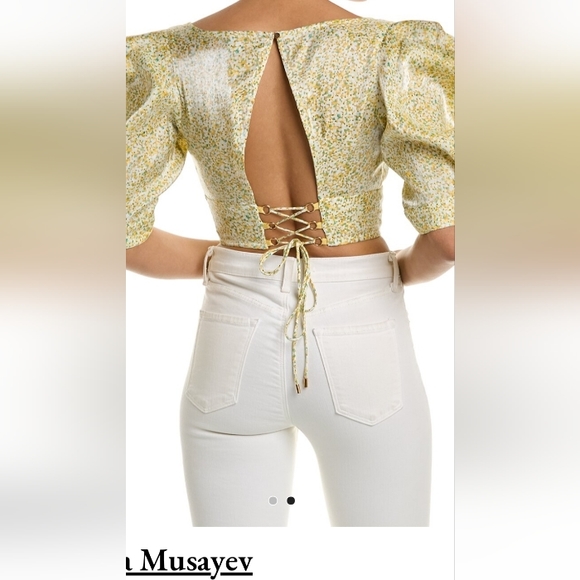 Sabina Musayev, oyster top, yellow print, sweetheart neckline Sz.S - Picture 2 of 2